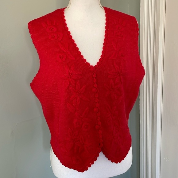 Karen Scott Vintage Red Poinsettia Wool Blend Sweater Vest Size Medium Holiday - Picture 1 of 6